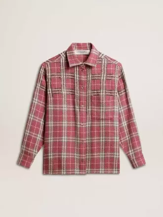Boxy fit shirt met roze, zandkleurige en grijze geborduurde ruitjes