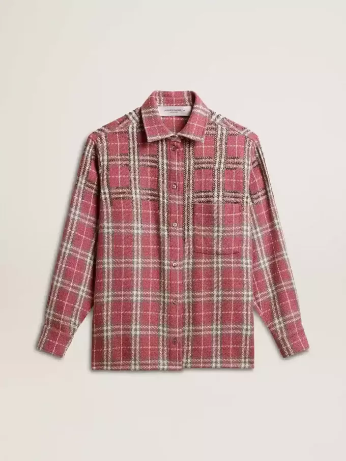 Boxy fit shirt met roze, zandkleurige en grijze geborduurde ruitjes