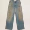Boyfriend-jeans voor dames met een doorleefd effect, zandwas en studs