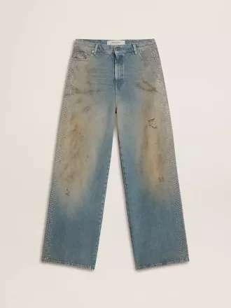 Boyfriend-jeans voor dames met een doorleefd effect, zandwas en studs