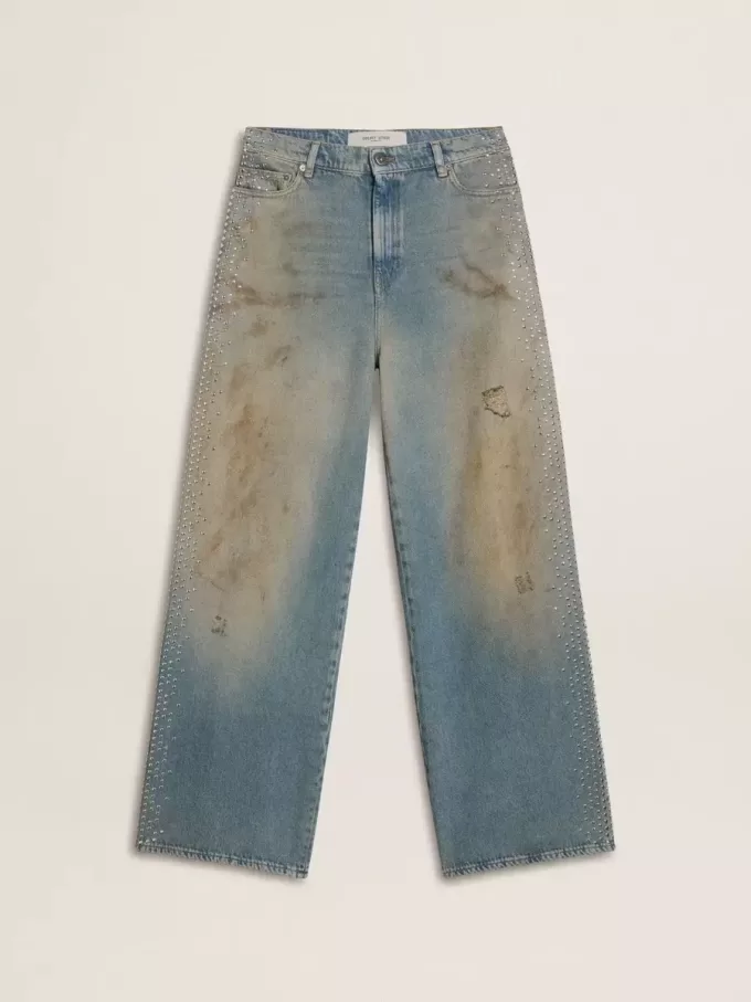 Boyfriend-jeans voor dames met een doorleefd effect, zandwas en studs