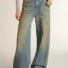 Boyfriend-jeans voor dames met een doorleefd effect, zandwas en studs
