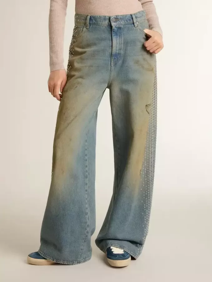 Boyfriend-jeans voor dames met een doorleefd effect, zandwas en studs