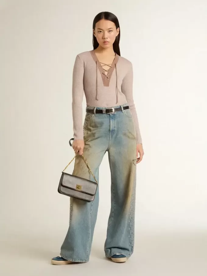 Boyfriend-jeans voor dames met een doorleefd effect, zandwas en studs