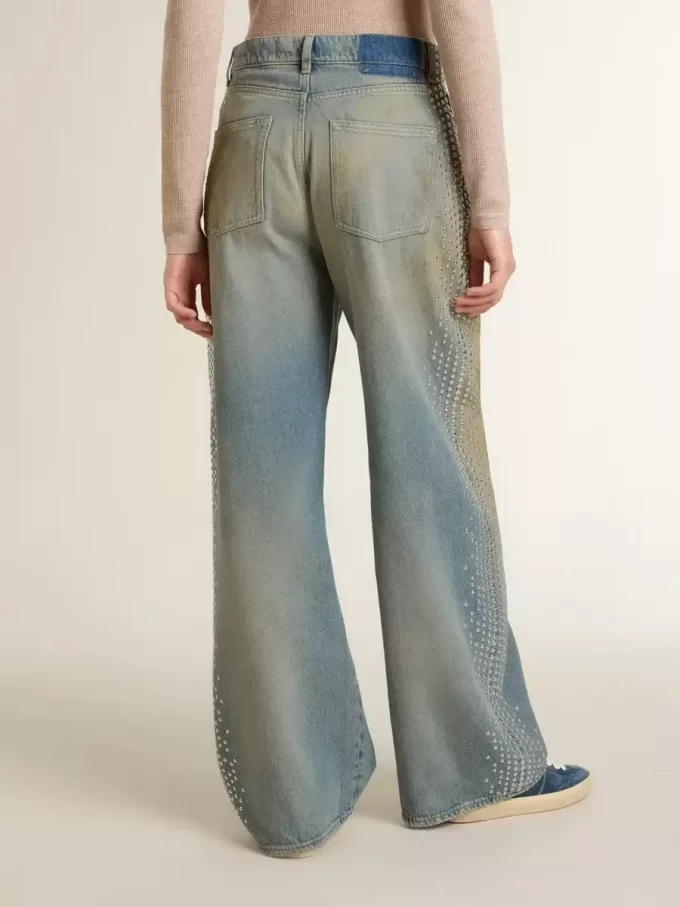 Boyfriend-jeans voor dames met een doorleefd effect, zandwas en studs