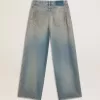 Boyfriend-jeans voor dames met een doorleefd effect, zandwas en studs