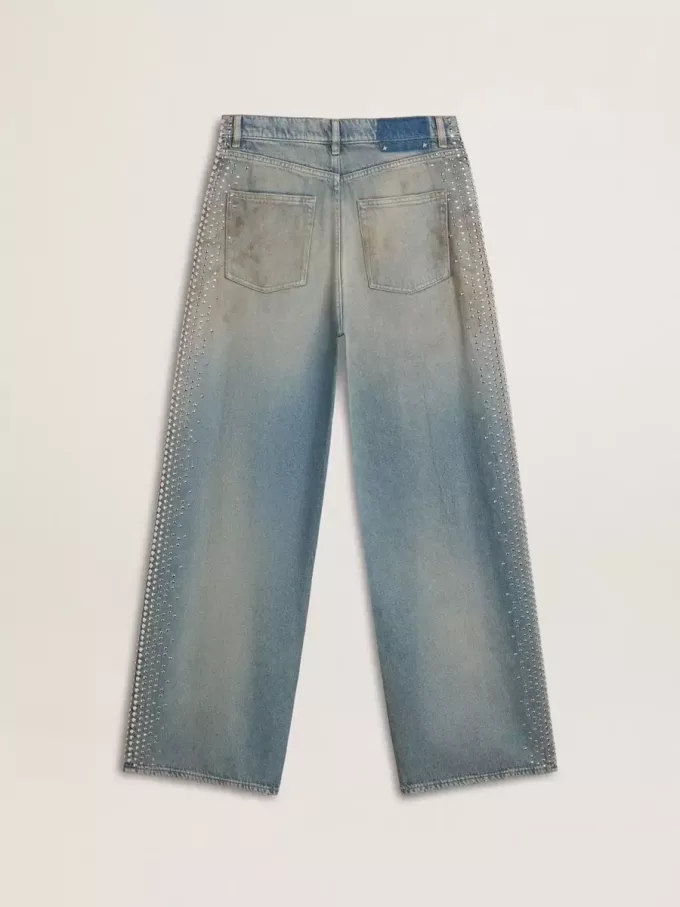 Boyfriend-jeans voor dames met een doorleefd effect, zandwas en studs