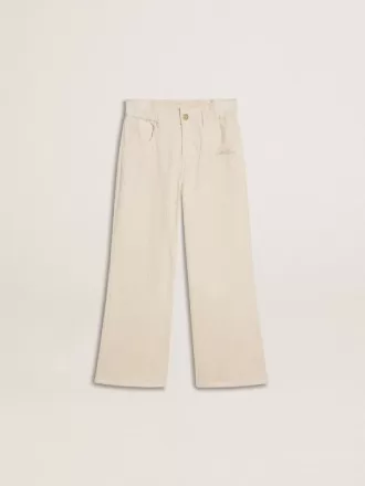 Brede geribde crèmekleurige broek voor meisjes met borduursels