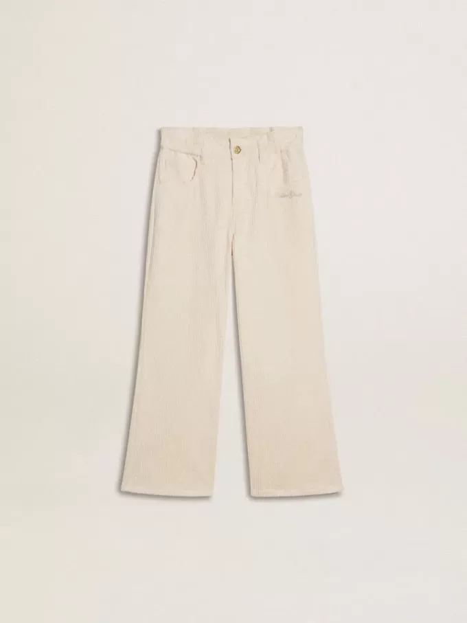 Brede geribde crèmekleurige broek voor meisjes met borduursels