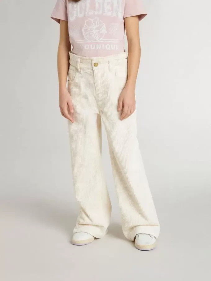 Brede geribde crèmekleurige broek voor meisjes met borduursels