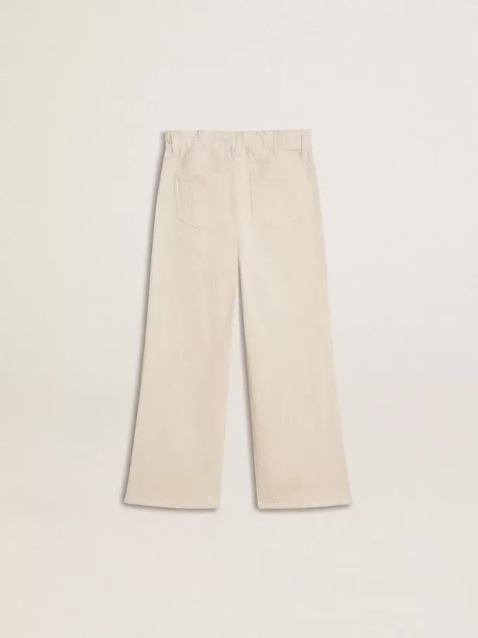 Brede geribde crèmekleurige broek voor meisjes met borduursels