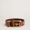 Bruine leren riem met gouden bloemvormige studs en amberkleurige inzetstukken