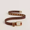 Bruine leren riem met gouden bloemvormige studs en amberkleurige inzetstukken