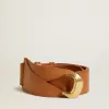 Bruine leren riem met halfronde gouden gesp
