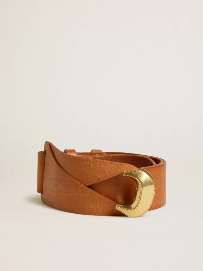 Bruine leren riem met halfronde gouden gesp