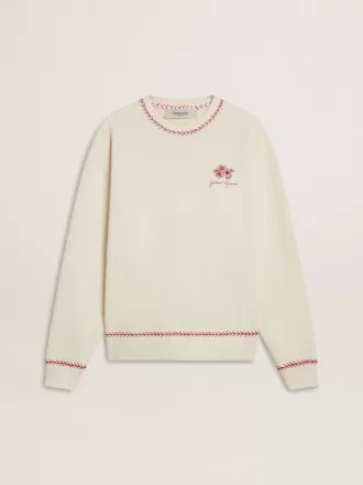 CNY-sweatshirt van versleten wit katoen met rode borduursels