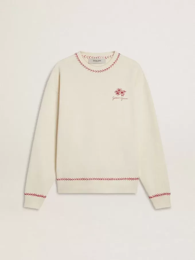 CNY-sweatshirt van versleten wit katoen met rode borduursels
