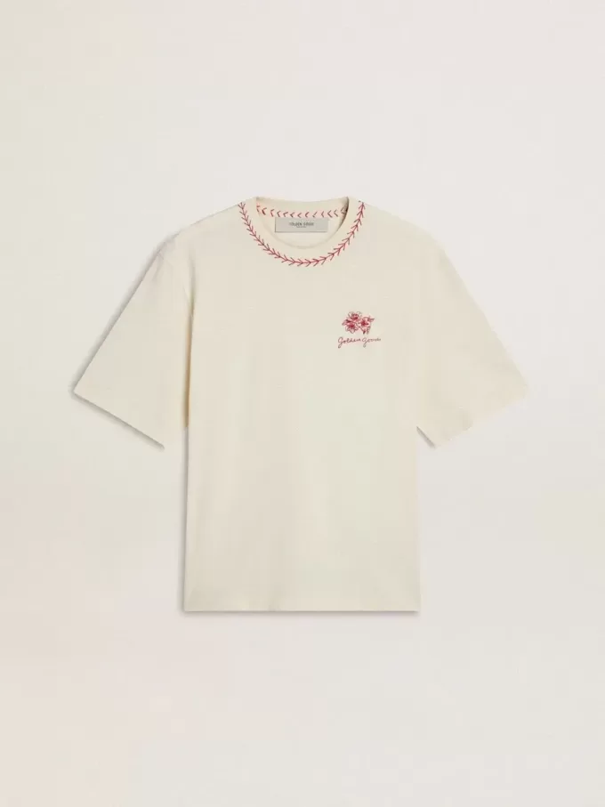 CNY versleten wit mouwloos T-shirt met rood borduursel