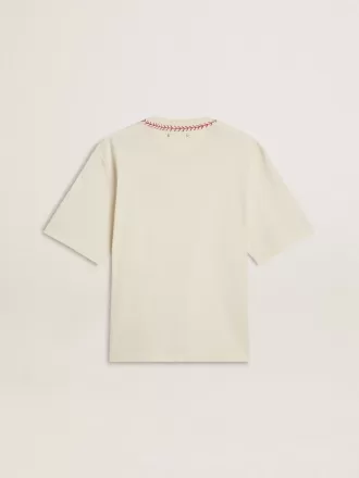 CNY versleten wit mouwloos T-shirt met rood borduursel