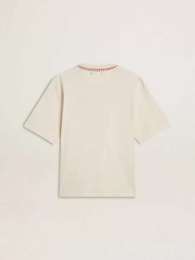 CNY versleten wit mouwloos T-shirt met rood borduursel