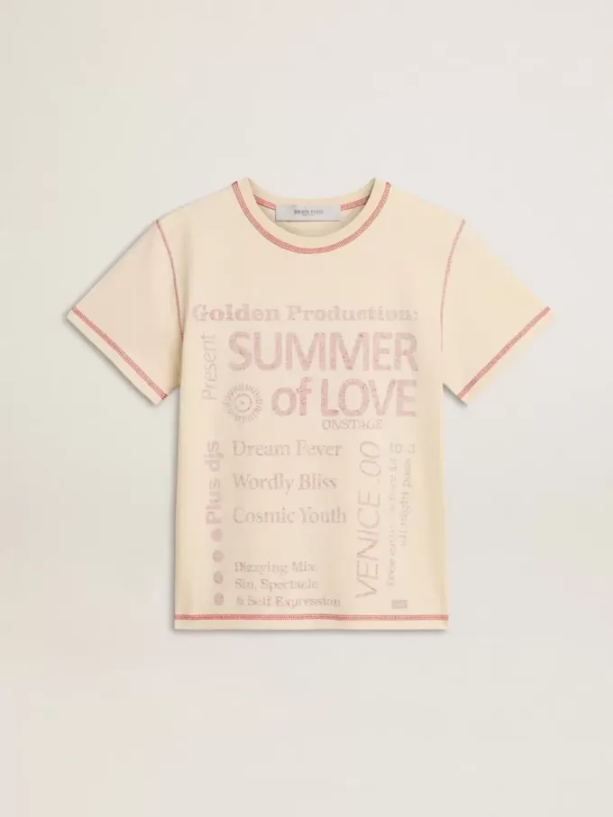 Crèmekleurig dames-T-shirt met vervaagde rode accenten