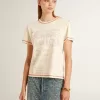 Crèmekleurig dames-T-shirt met vervaagde rode accenten