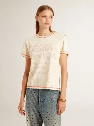 Crèmekleurig dames-T-shirt met vervaagde rode accenten