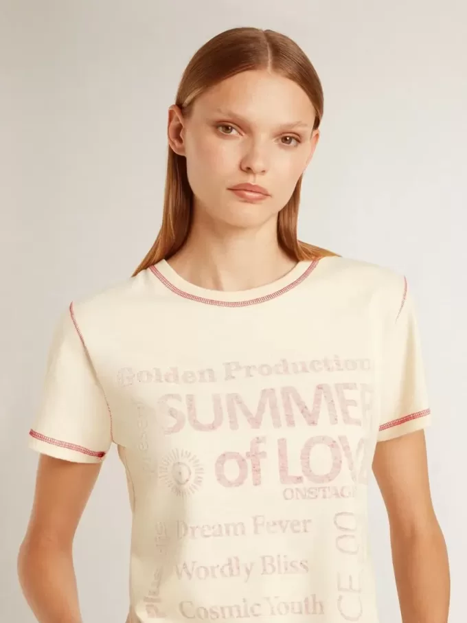Crèmekleurig dames-T-shirt met vervaagde rode accenten