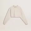 Crèmekleurig katoenen cropped sweatshirt voor dames met kristallen op de voorkant