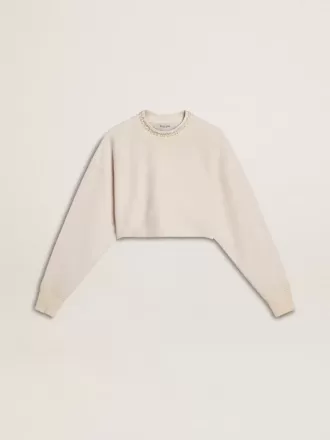 Crèmekleurig katoenen cropped sweatshirt voor dames met kristallen op de voorkant