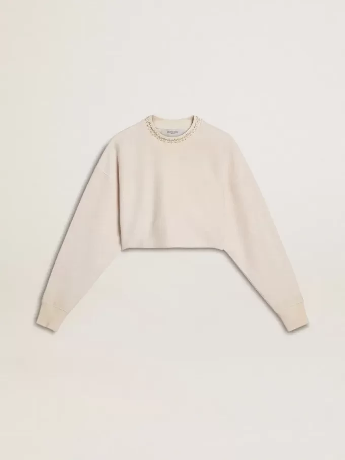 Crèmekleurig katoenen cropped sweatshirt voor dames met kristallen op de voorkant