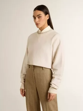 Crèmekleurig katoenen cropped sweatshirt voor dames met kristallen op de voorkant