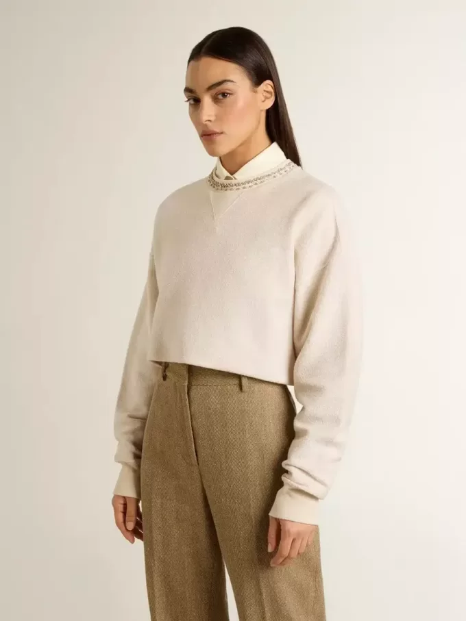 Crèmekleurig katoenen cropped sweatshirt voor dames met kristallen op de voorkant