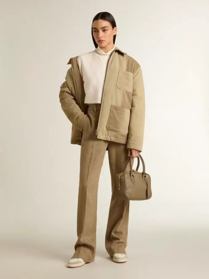 Crèmekleurig katoenen cropped sweatshirt voor dames met kristallen op de voorkant