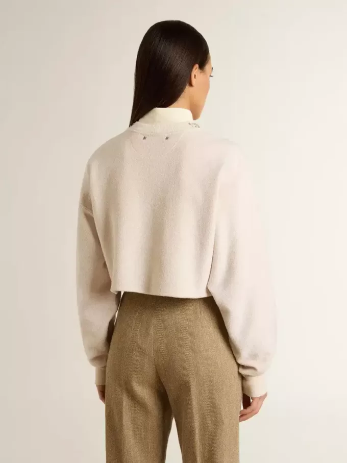 Crèmekleurig katoenen cropped sweatshirt voor dames met kristallen op de voorkant