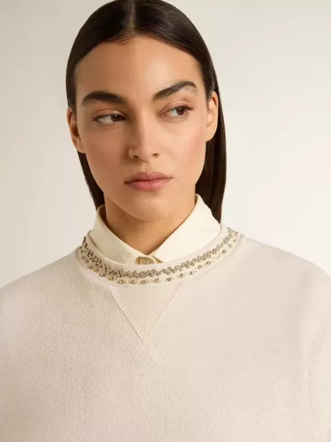 Crèmekleurig katoenen cropped sweatshirt voor dames met kristallen op de voorkant