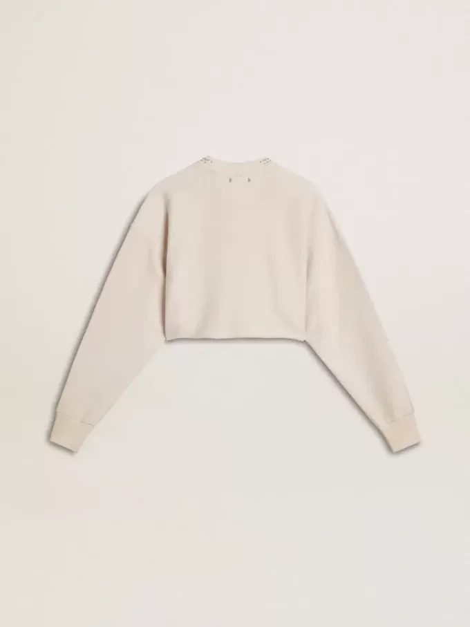 Crèmekleurig katoenen cropped sweatshirt voor dames met kristallen op de voorkant