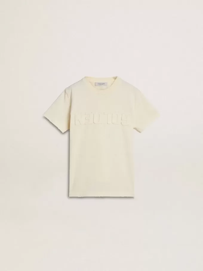 Crèmekleurig T-shirt voor jongens met reliëflogo