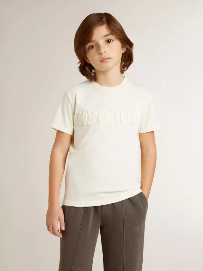 Crèmekleurig T-shirt voor jongens met reliëflogo