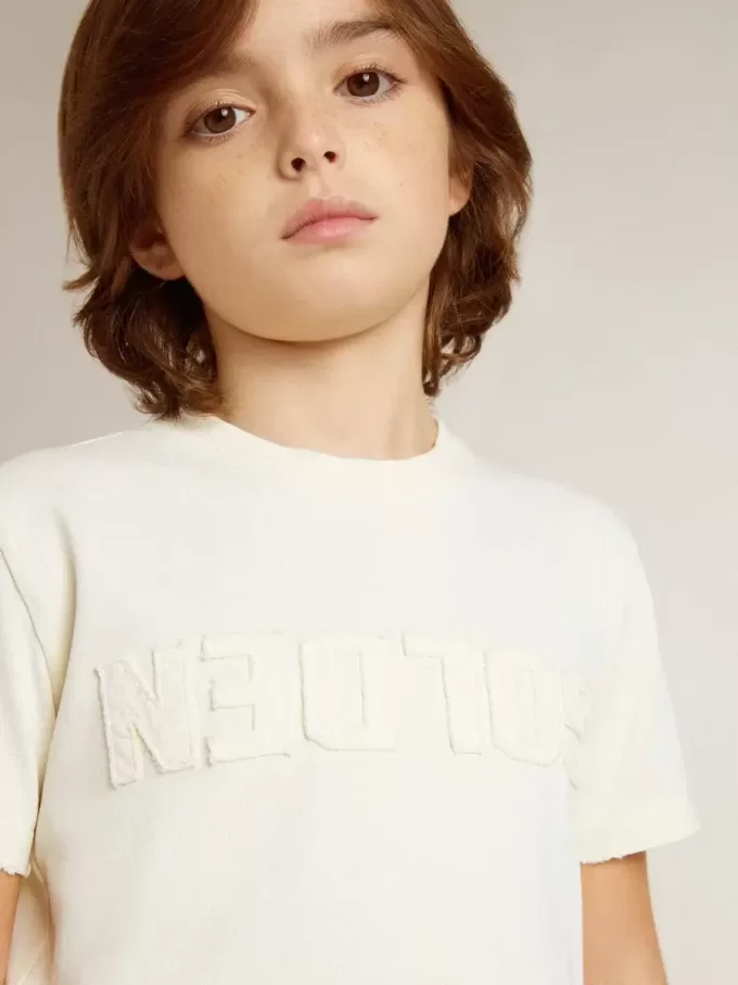 Crèmekleurig T-shirt voor jongens met reliëflogo