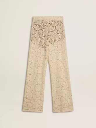 Crèmekleurige, doorschijnende kanten broek voor dames