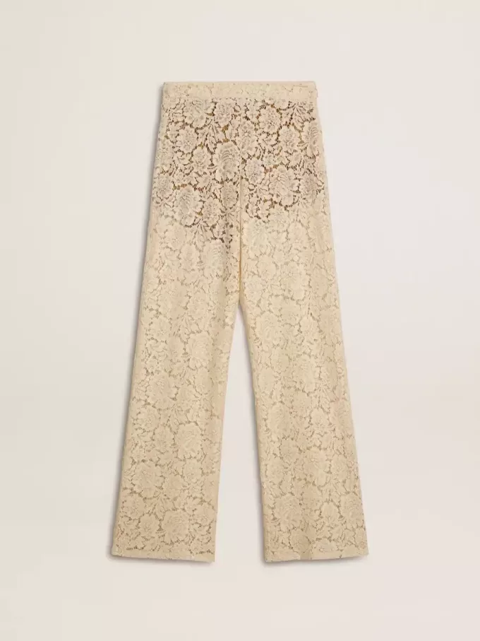 Crèmekleurige, doorschijnende kanten broek voor dames