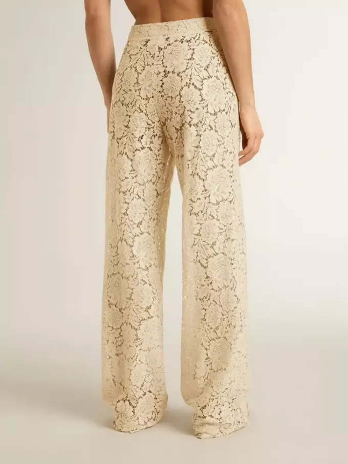 Crèmekleurige, doorschijnende kanten broek voor dames