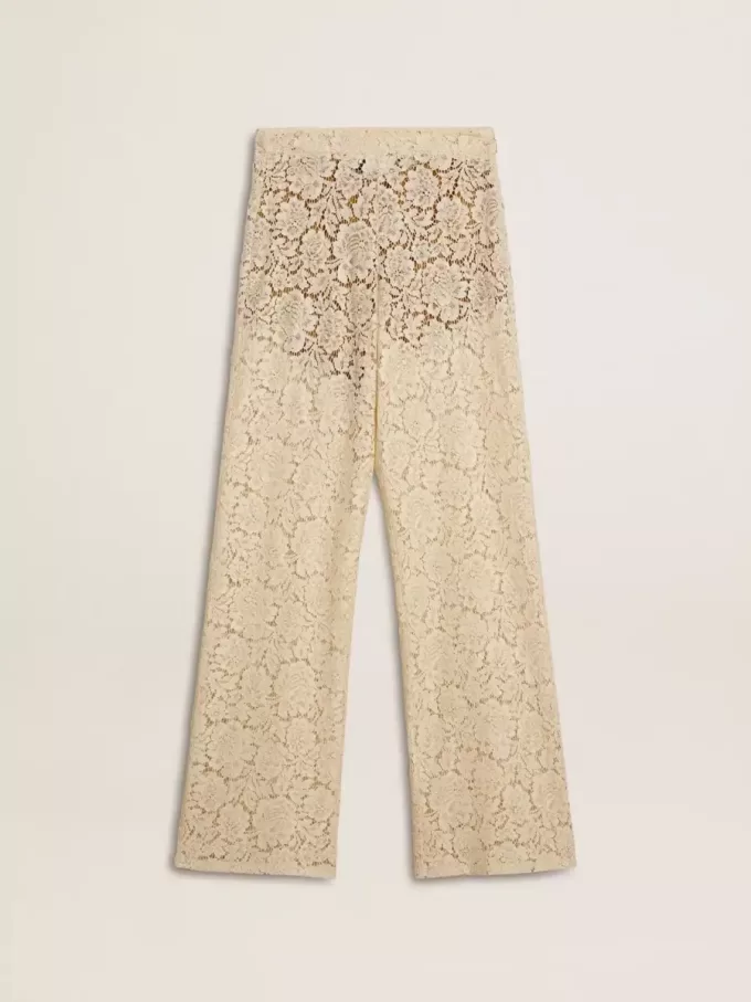 Crèmekleurige, doorschijnende kanten broek voor dames