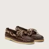 Cruise-loafers voor dames van glanzend donkerbruin leer met duifgrijze wandelveters