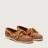Cruise-loafers voor dames van tabakskleurig leer met oranje wandelschoenveters