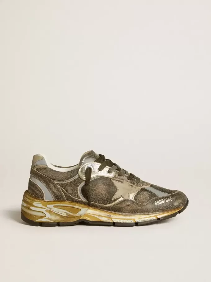 Dad-Star voor dames van suède en nylon met kaki leren ster en hielstuk