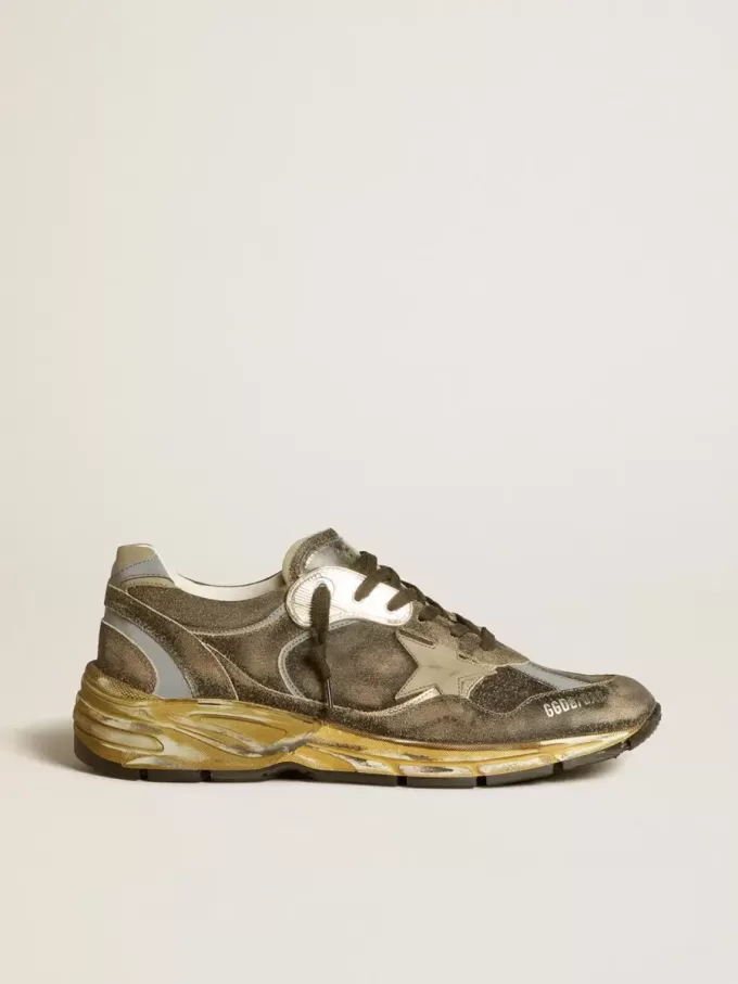 Dad-Star voor heren van suède en nylon met kaki leren ster en hielstuk