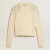 Dames cropped sweater in verwassen wit met decoratieve kristallen