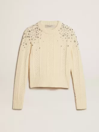 Dames cropped sweater in verwassen wit met decoratieve kristallen